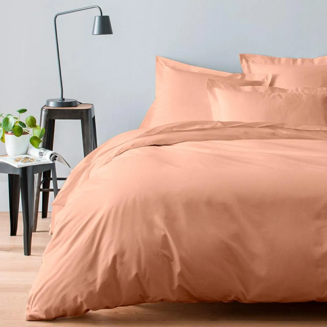 Housse de couette satin de coton lavé rose