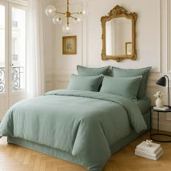 Housse de couette satin de coton lavé verte