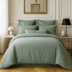 Housse de couette satin de coton lavé verte
