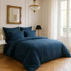 Housse de couette satin de coton lavé bleue