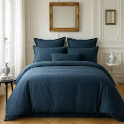 Housse de couette satin de coton lavé bleue