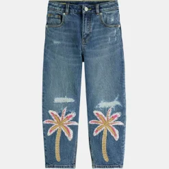 Jean Boule en Toile de coton mélangé brodé palmiers bleu