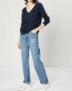 Jeans droit en Toile de coton taille haute bleu moyen