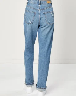 Jeans droit en Toile de coton taille haute bleu moyen