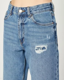 Jeans droit en Toile de coton taille haute bleu moyen