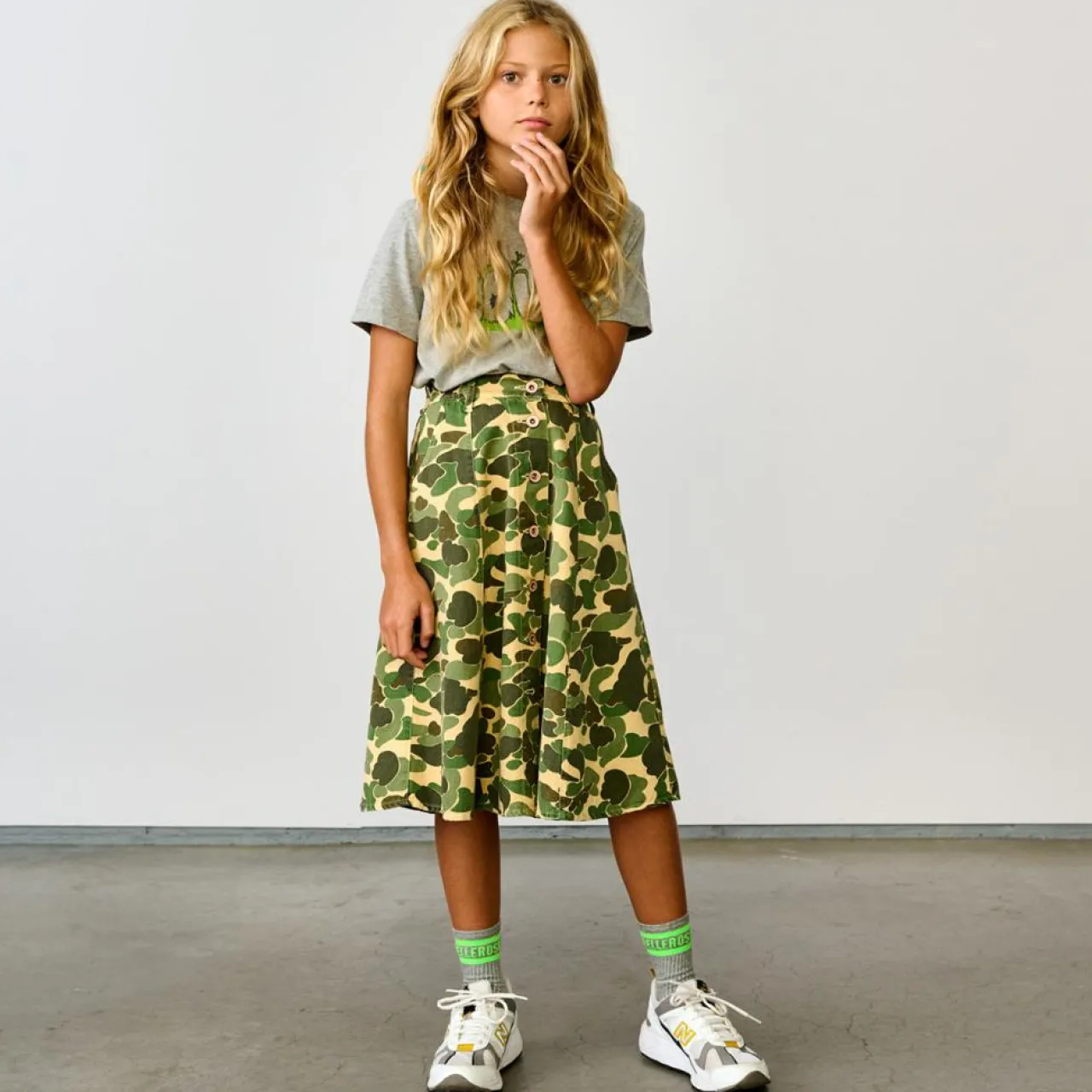 Jupe mi-longue en Coton mélangé Alicia imprimée kaki/jaune