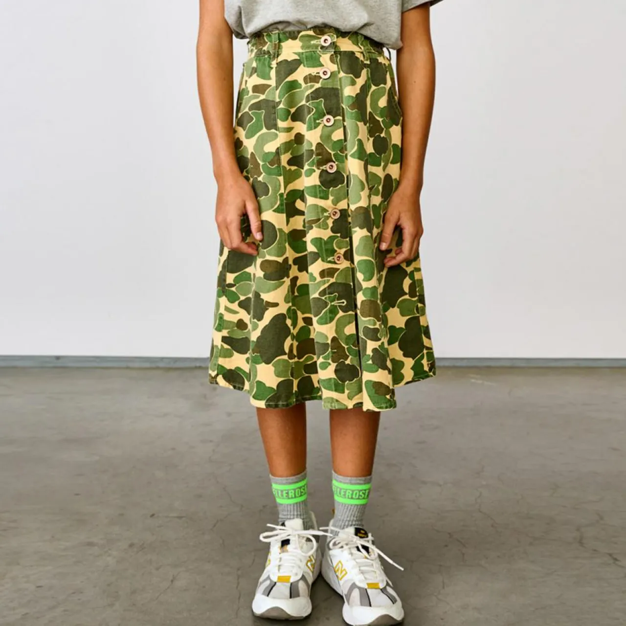 Jupe mi-longue en Coton mélangé Alicia imprimée kaki/jaune