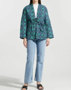 Kimono ceinturé Nougat imprimé bleu/vert