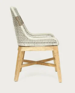 Lot de 2 Chaise Kos dossier haut en teck massif et corde naturelle beige