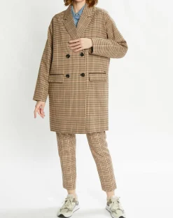 Manteau droit double boutonnage à carreaux beige/marron