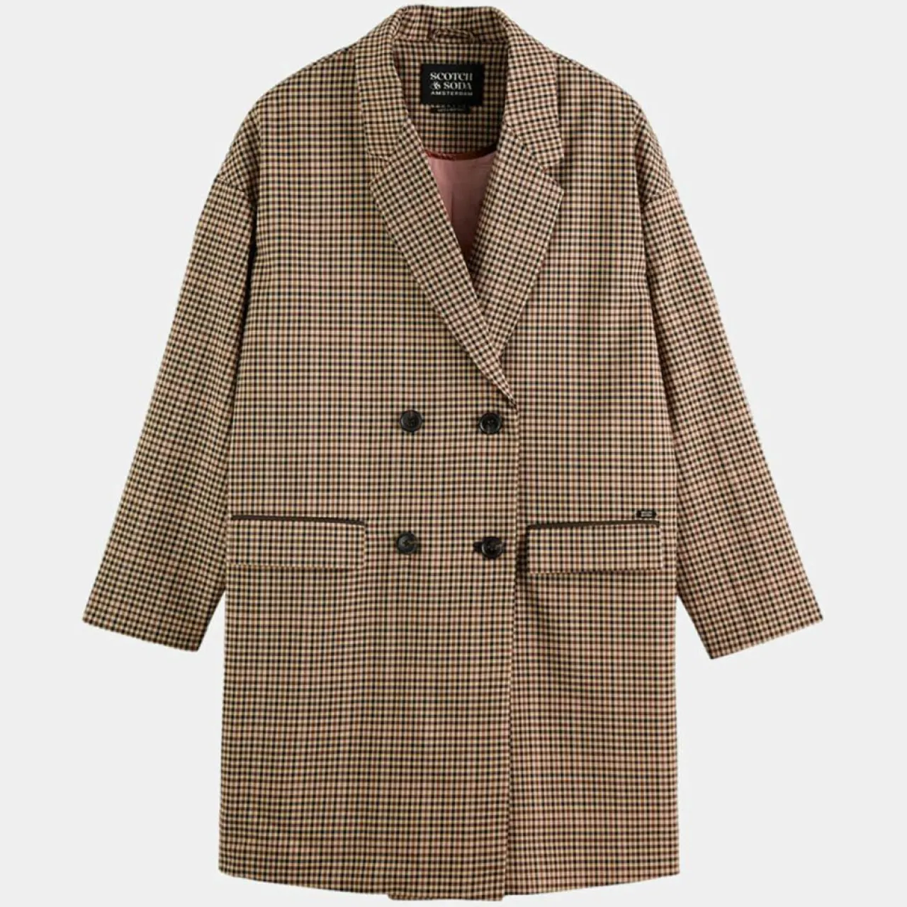 Manteau droit double boutonnage à carreaux beige/marron