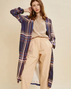 Manteau léger satiné Greg à carreaux marine/beige