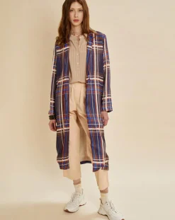 Manteau léger satiné Greg à carreaux marine/beige