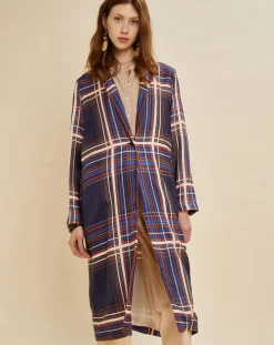 Manteau léger satiné Greg à carreaux marine/beige