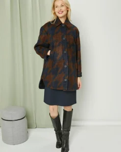 Manteau mi-long en Mohair & Laine mélangés Sante marron/bleu