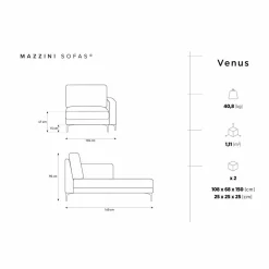 Méridienne Velours Droite Venus grise - 160x104x90 cm