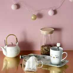 Mug avec cuillère chat en Porcelaine blanc/doré - 11.5x8.2x10 cm