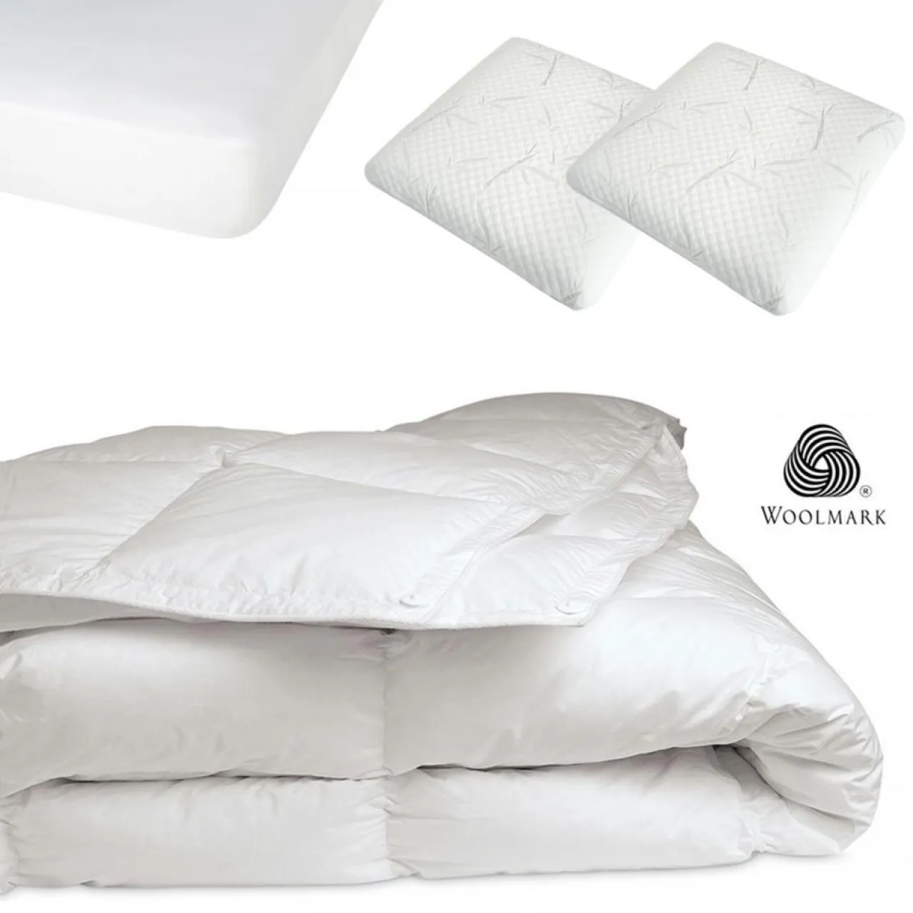 Pack 4 pièces blanc : 2 Oreillers + Protège-Matelas + Couette - 180x200 cm