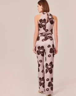 Pantalon imprimé fleuri en satin parme