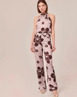 Pantalon imprimé fleuri en satin parme