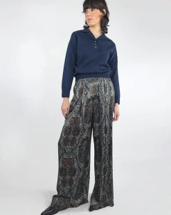 Pantalon Julia satiné imprimé bordeaux/bleu