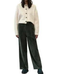 Pantalon large en Velours côtelé à revers vert foncé