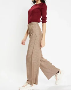 Pantalon large et fluide imprimé pied-de-poule marron