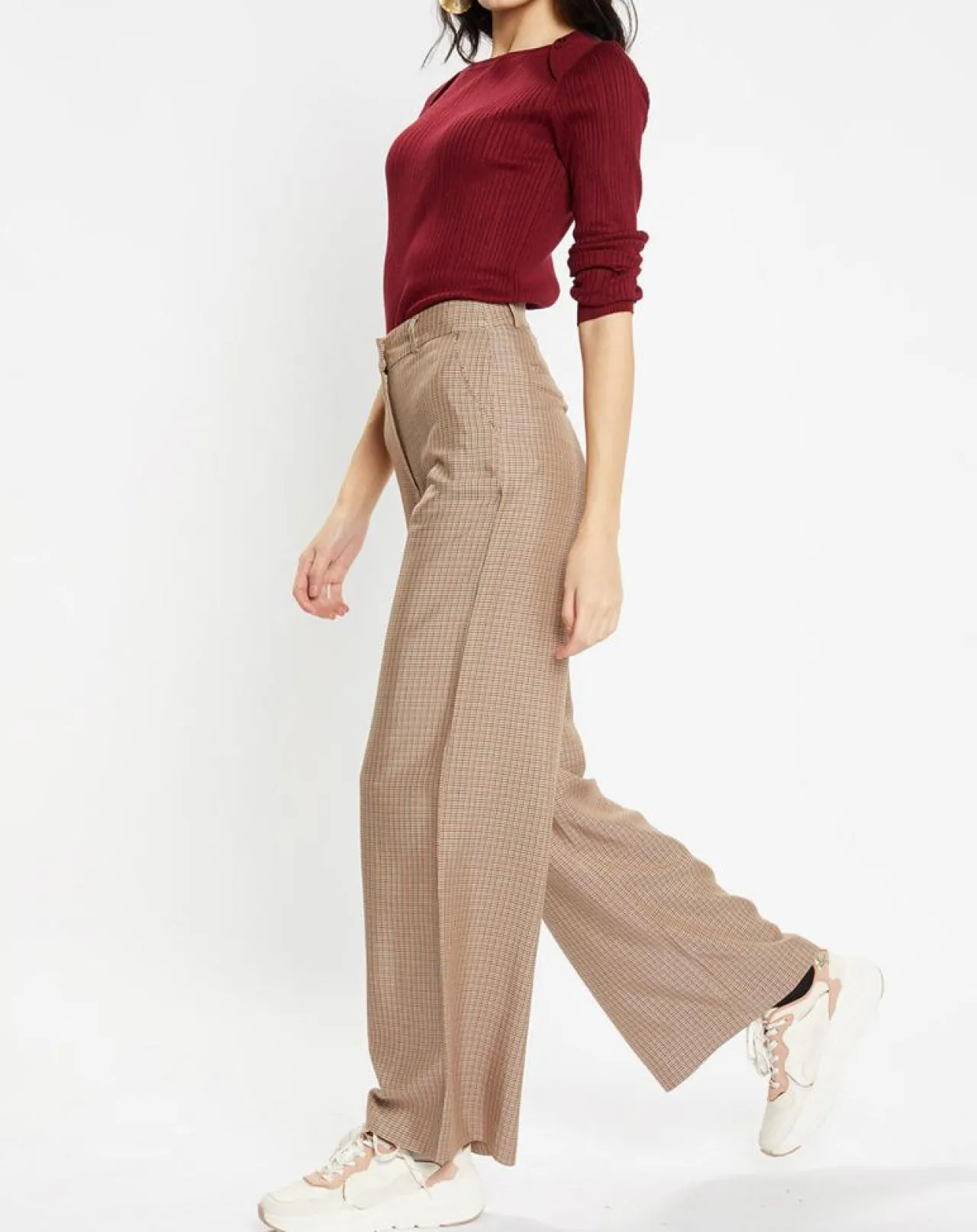 Pantalon large et fluide imprimé pied-de-poule marron