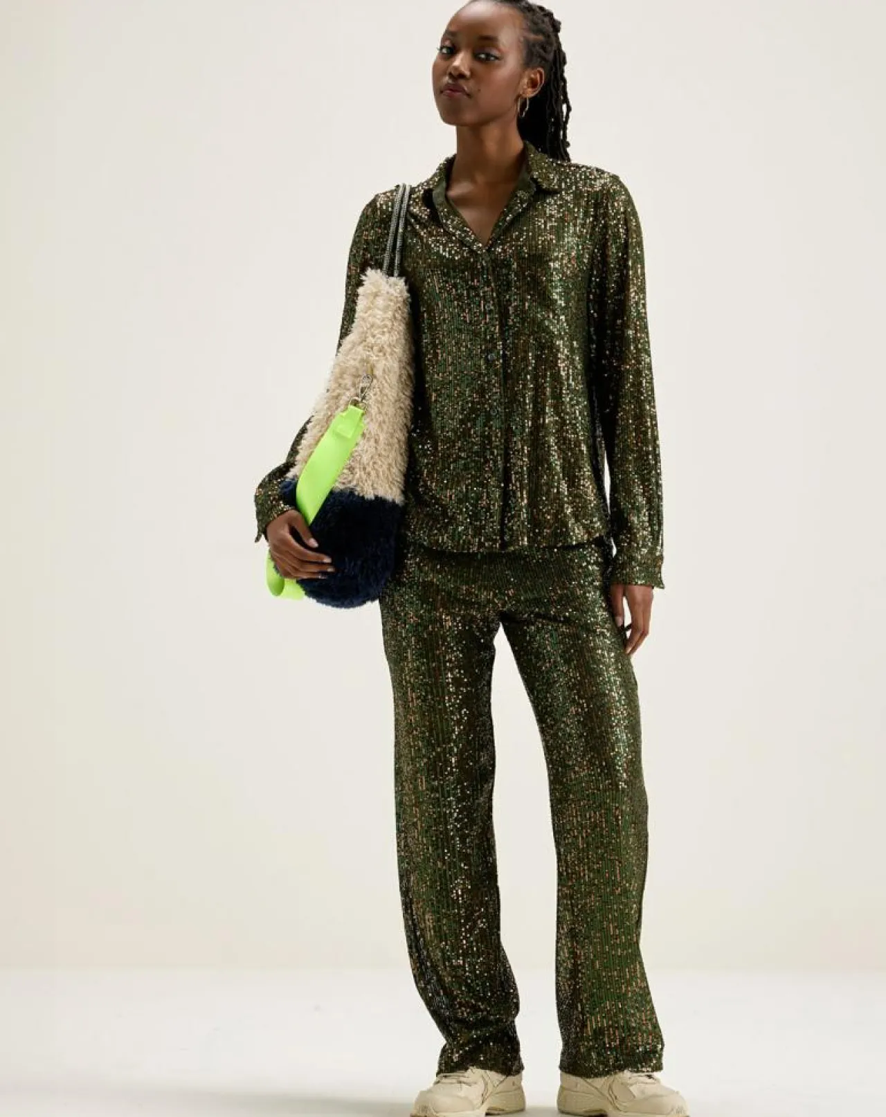 Pantalon taille haute en sequins Vanda moss