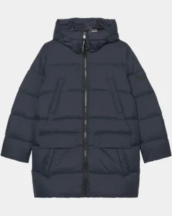Parka Puffa mi-longue à capuche bleu marine