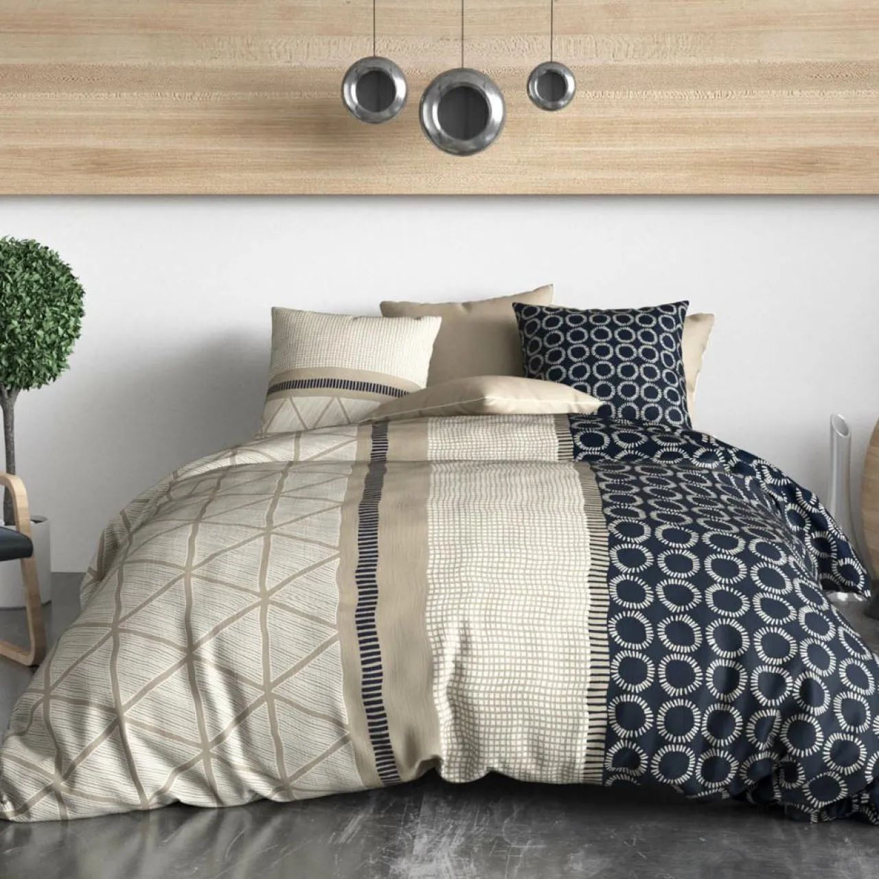 Parure housse de couette réversible Nairobi bleu/beige