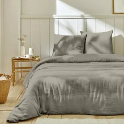 Parure housse de couette 100% Gaze de Coton gris galet
