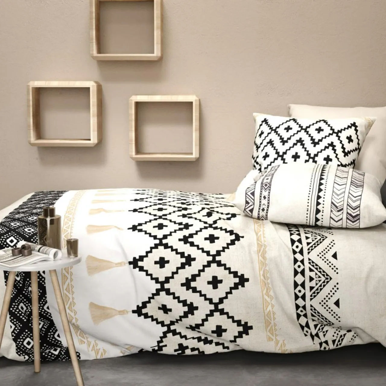 Parure housse de couette Bohème beige/noir/blanc