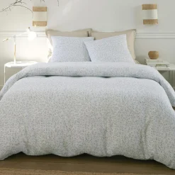 Parure Housse de Couette 100% Gaze de Coton Imprimé Murmure blanche