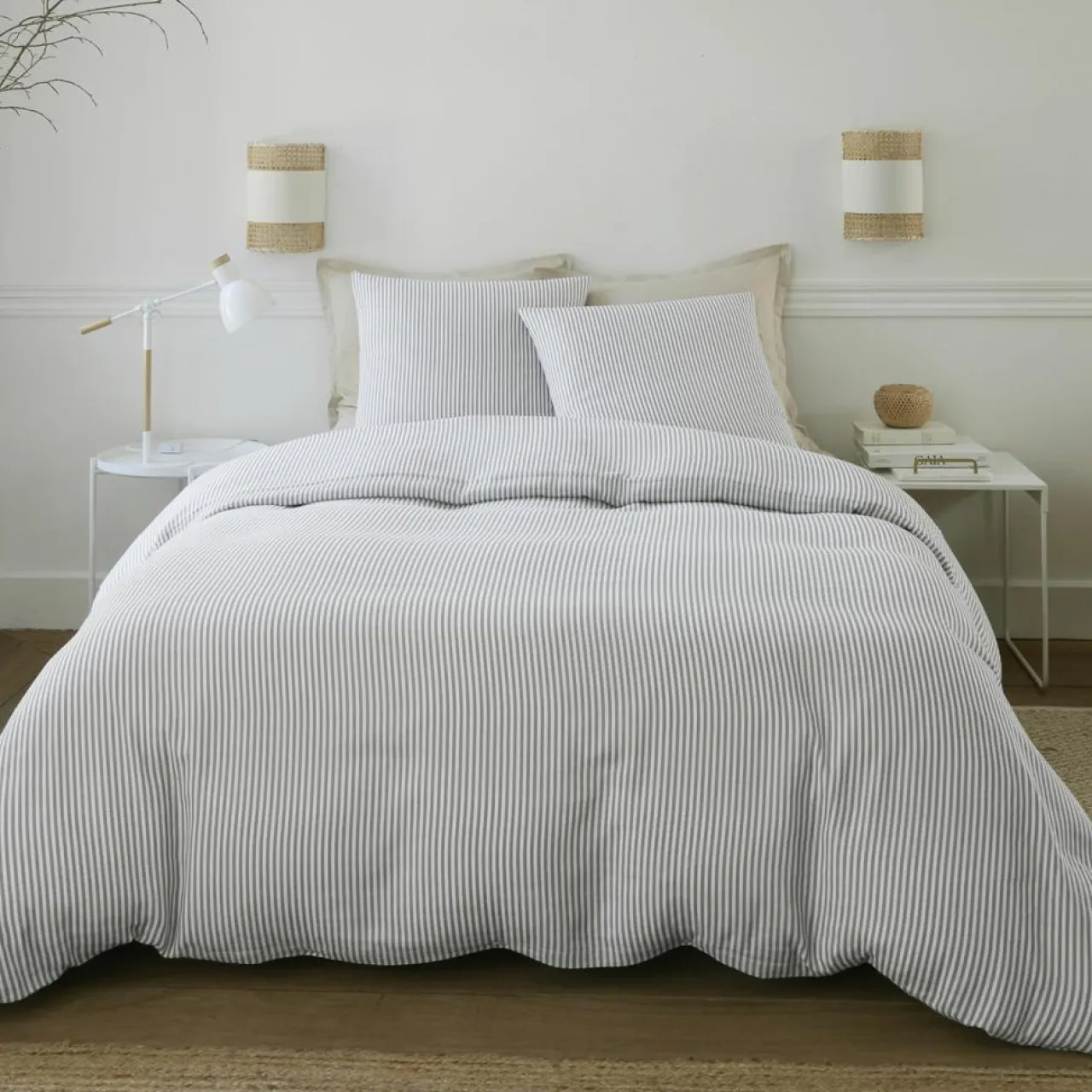 Parure Housse de Couette 100% Gaze de Coton Imprimé Laya blanc/gris