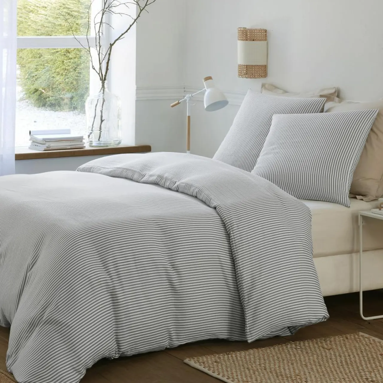 Parure Housse de Couette 100% Gaze de Coton Imprimé Laya blanc/gris