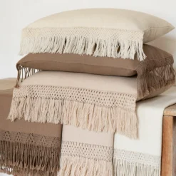 Plaid en coton & laine détails macramé rose 90x200cm