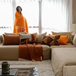 Plaid en laine finitions frangées orange 135x230cm