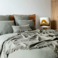 Plaid en lin & coton finitions frangées vert 150x180cm