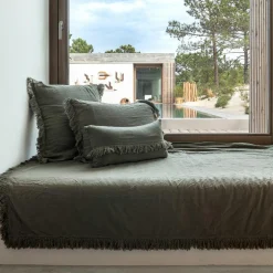 Plaid en lin & coton finitions frangées vert 150x180cm