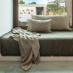 Plaid en lin & coton finitions frangées vert 150x180cm