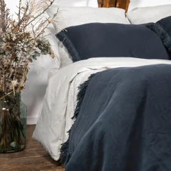 Plaid en lin & coton finitions frangées noir 150x180cm