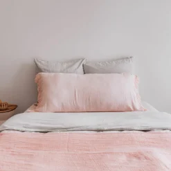 Plaid en lin lavé finitions frangées rose 150x180cm