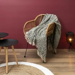 Plaid ethnique frange motif carreaux ecru/noir - 150x120 cm