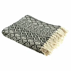 Plaid ethnique frange motif carreaux ecru/noir - 150x120 cm