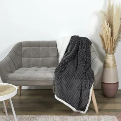 Plaid flanelle cotelé sherpa gris - 180x220 cm