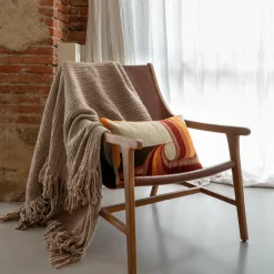 Plaid frangé en laine & coton beige 140x220 cm