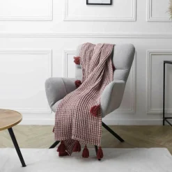 Plaid gauffré pompons rouge/blanc - 150x125 cm