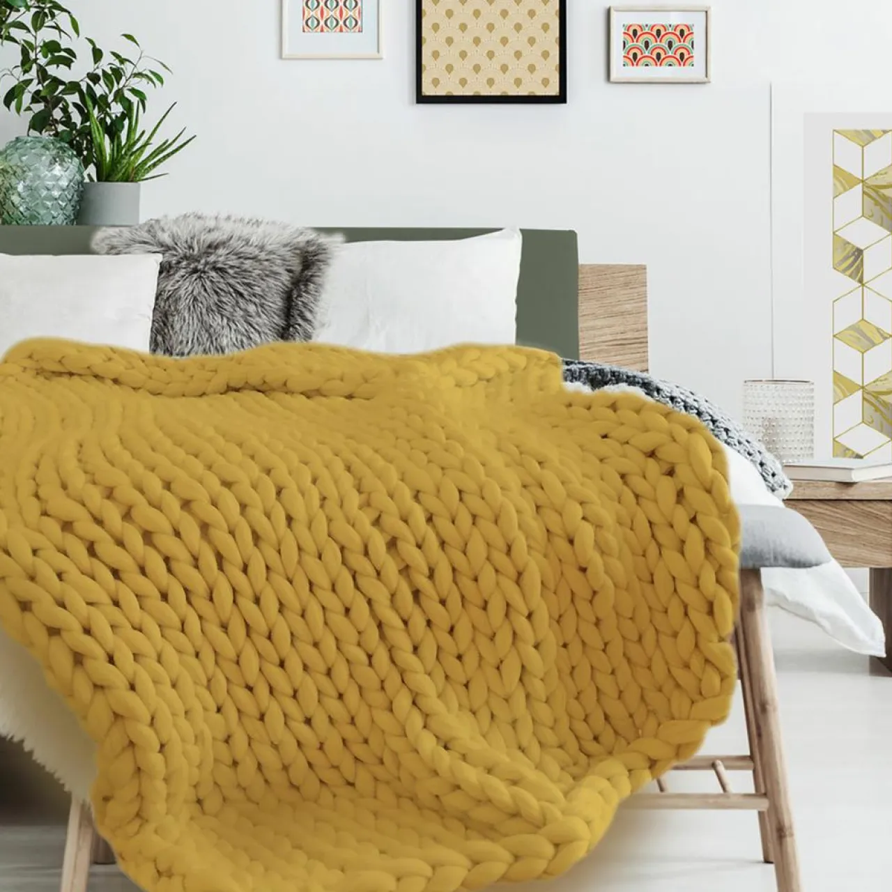 Plaid grosse maille chunky jaune - 150x120 cm