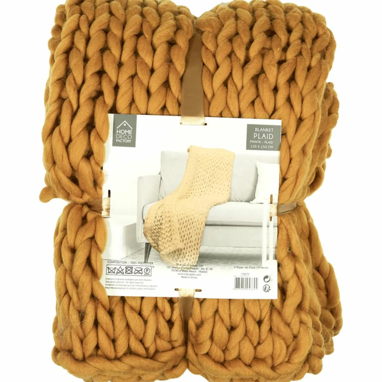 Plaid grosse maille chunky jaune - 150x120 cm